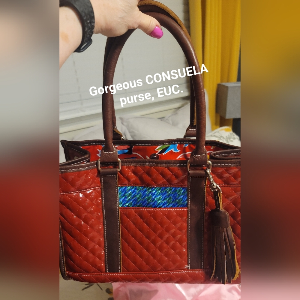 CONSUELA shoulder bag EUC brown leather trim, floral inside, red outside.